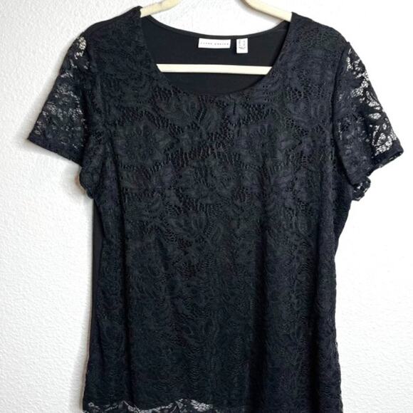 Susan Graver Tops - Susan Graver Liquid Knit Black Top with Lace Front Sz Large